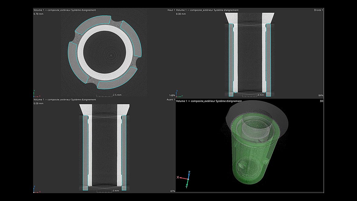 Image 4a: CT scans of connector rods show the segmentation of two of the four different material components (green = carbon, red = aluminum) needed for subsequent analysis (carbon, aluminum, glue, and air (porosity)).