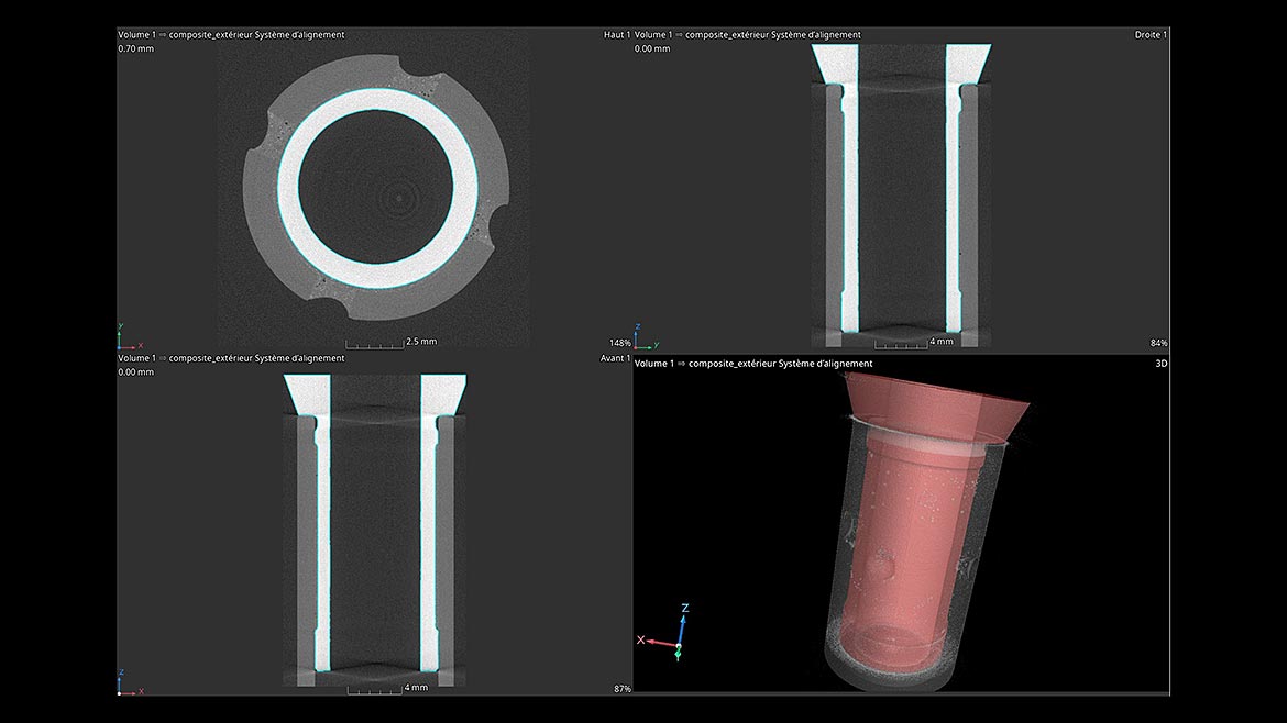 Image 4b: CT scans of connector rods show the segmentation of two of the four different material components (green = carbon, red = aluminum) needed for subsequent analysis (carbon, aluminum, glue, and air (porosity)).