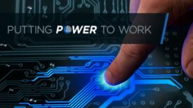 Quality Leadership Survey: Pelco Component Technologies. Finger touching circuit board. Text: Putting Power to Work.