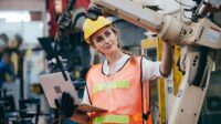 Female industrial engineer or technician worker in hard helmet and uniform using laptop checking on robotic arm machine.