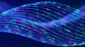 Particle stream. Purple background with many glowing particles. Information technology background. 3d rendering.
