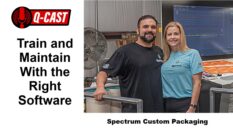 The Pereiras posing next to packaging equipment at Spectrum Custom Packaging The Pereiras posing next to packaging equipment at Spectrum Custom Packaging